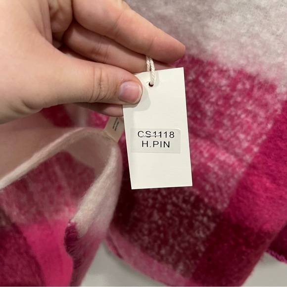 Avenue Zoe Oversized Long Pink Burgundy Plaid Scarf - Picture 6 of 9